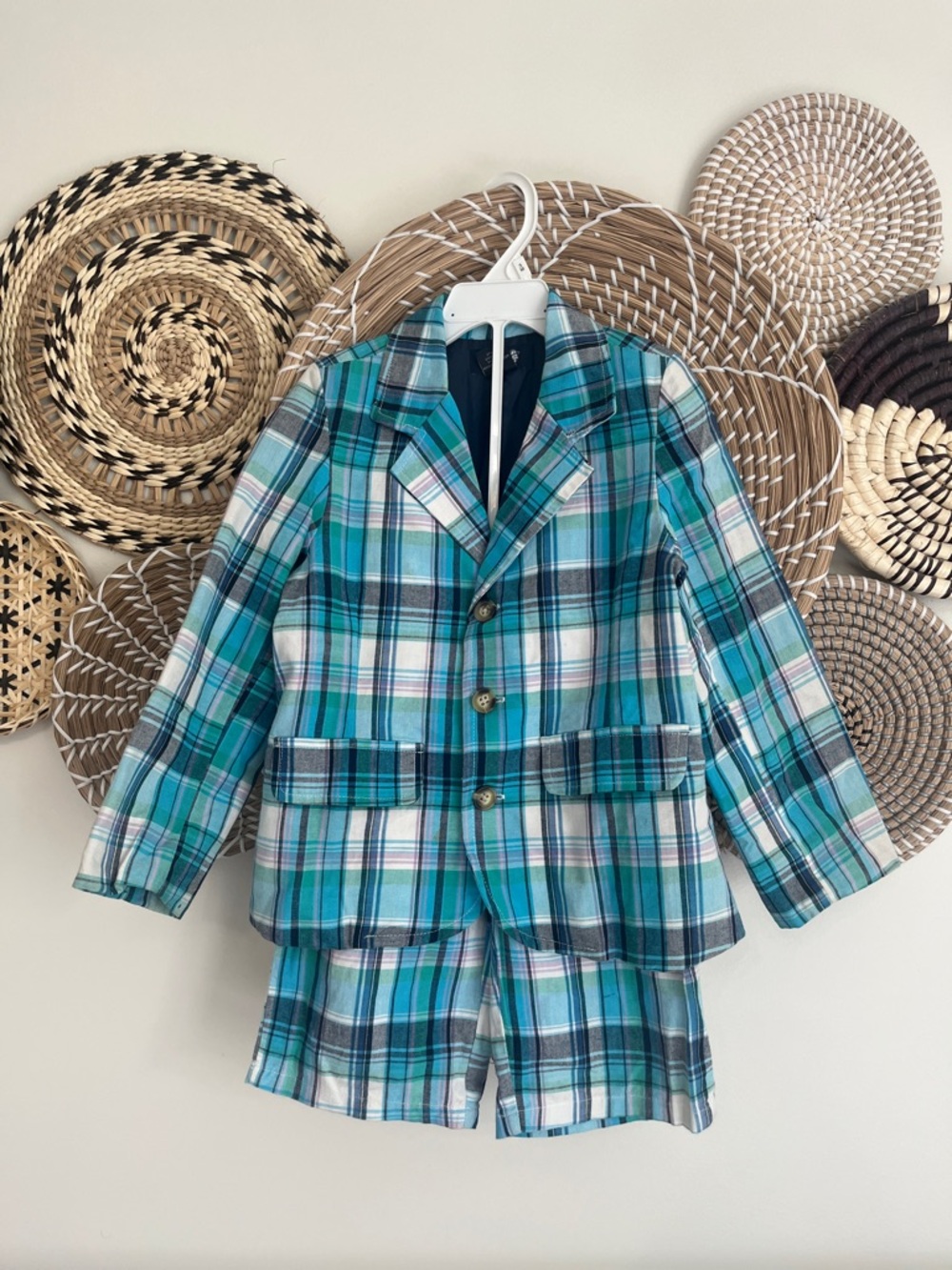 Boys Plaid Two-Piece Suit Set - Teal Plaid